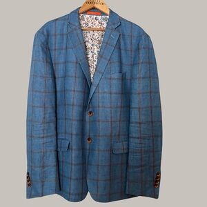Tallia 100% Linen Dual Vent Windowpane Plaid Sport Jacket Blazer 46R